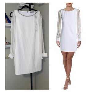 Elie Tahari Pencey White Dress Boat Neck Sheer Long Sleeves